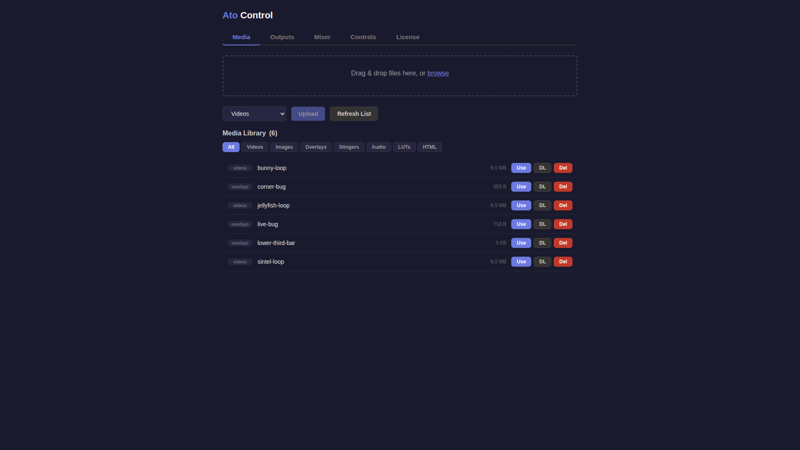 Ato Switcher web control page showing media library with video files, overlays, upload area, and category filters