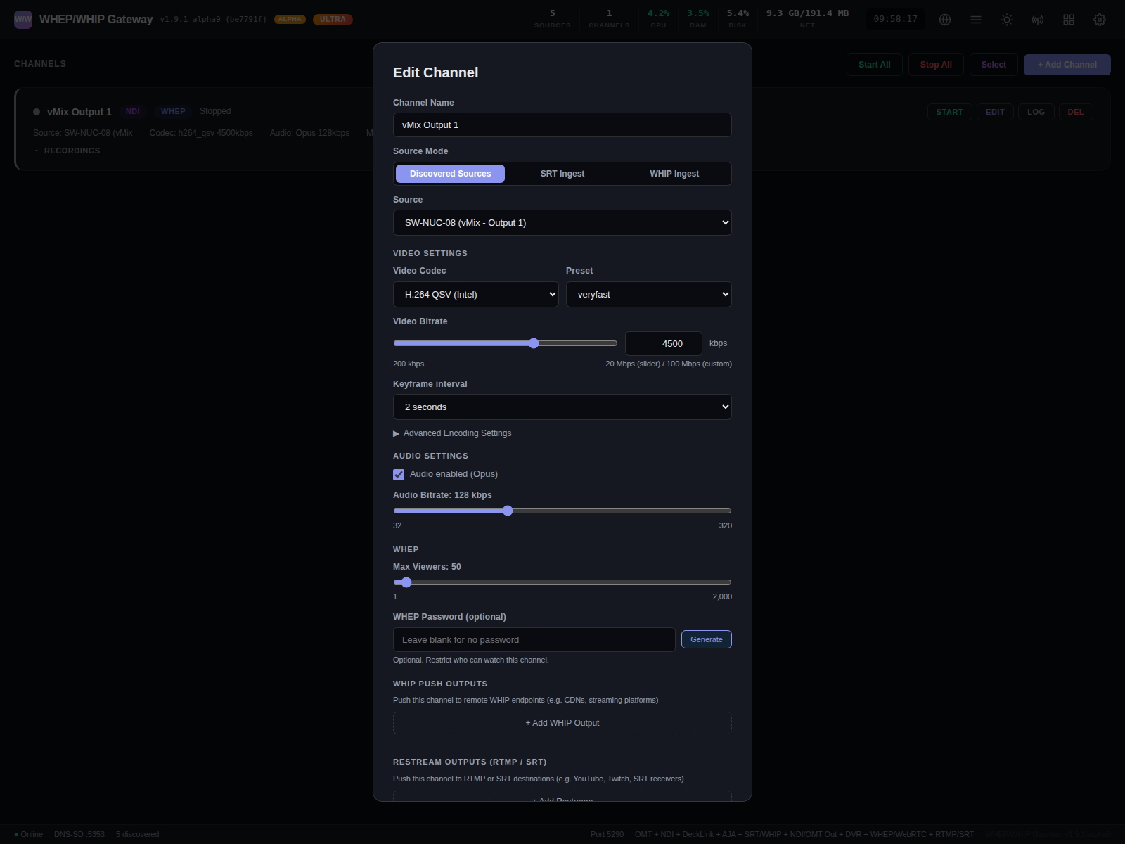 Edit Channel dialog with vMix NDI source selected, H.264 QSV codec at 4500 kbps, 2-second keyframe, Opus audio enabled, max viewers 50, WHIP push outputs, and RTMP/SRT restream outputs sections