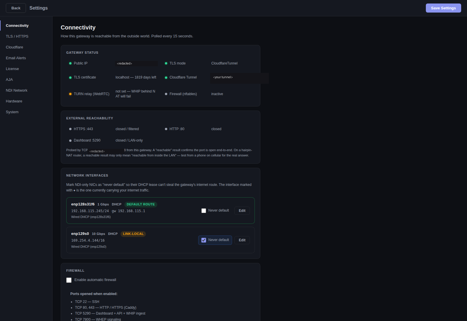 Settings Connectivity tab — Gateway Status, External Reachability probe, dual-NIC Network Interfaces (1Gbps default route + 10Gbps NDI link-local marked never-default), and Firewall section listing all gateway ports