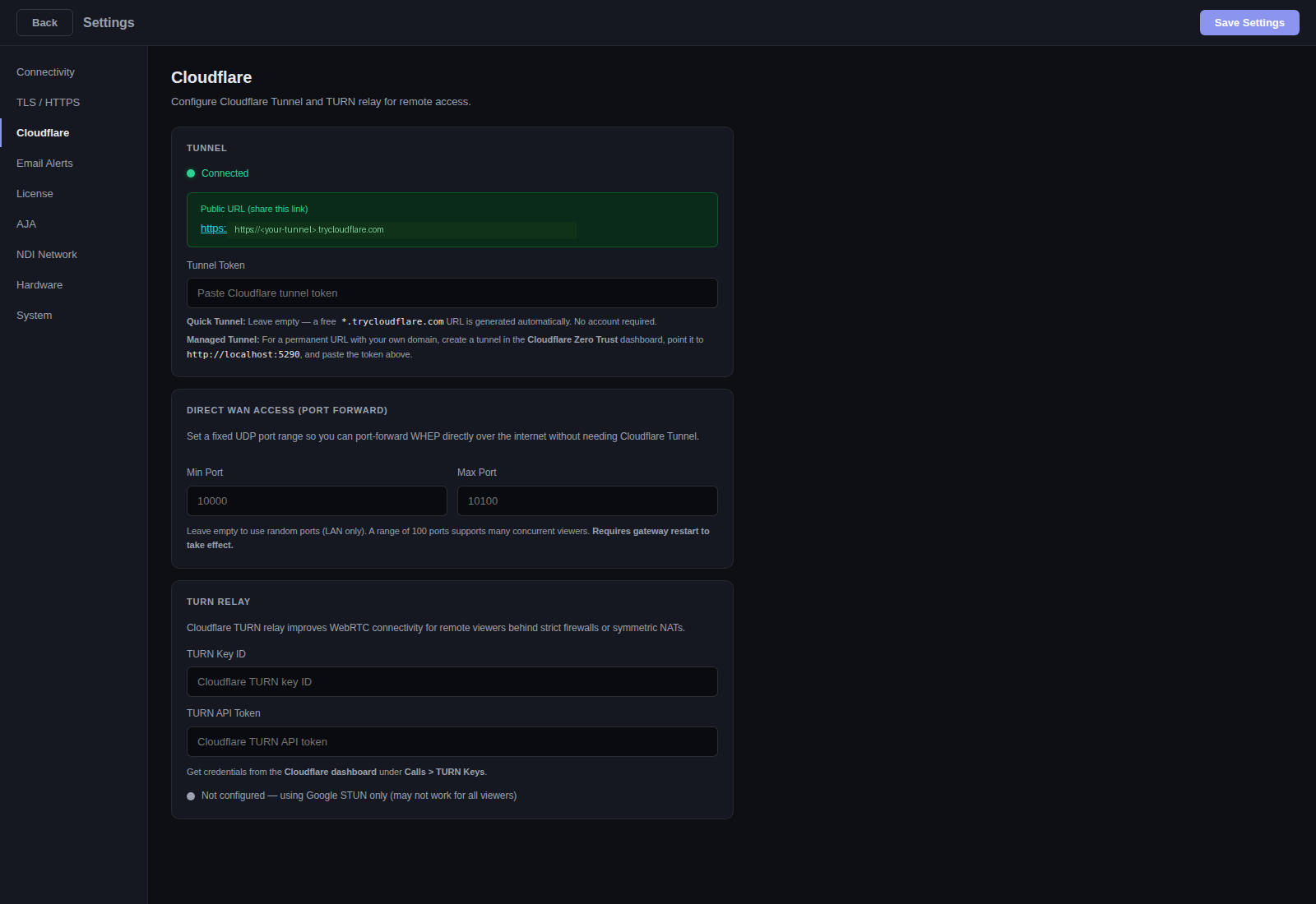 Settings Cloudflare tab — Tunnel Connected status with shareable public URL, tunnel token entry for managed tunnels, Direct WAN UDP port-forward range, and TURN relay credentials