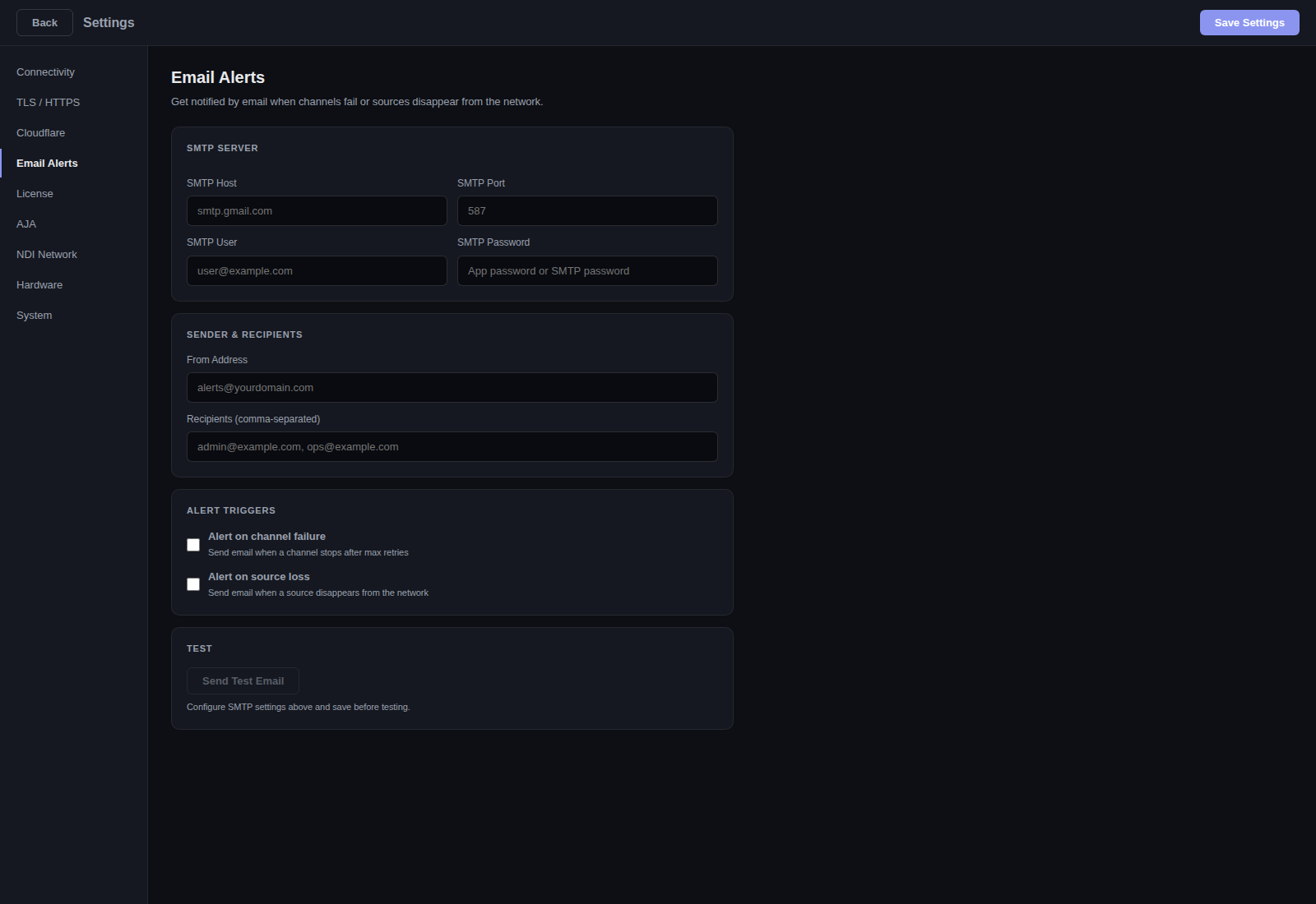 Settings Email Alerts tab — SMTP server config, sender and recipients list, alert triggers for channel failure and source loss, and a test-email button