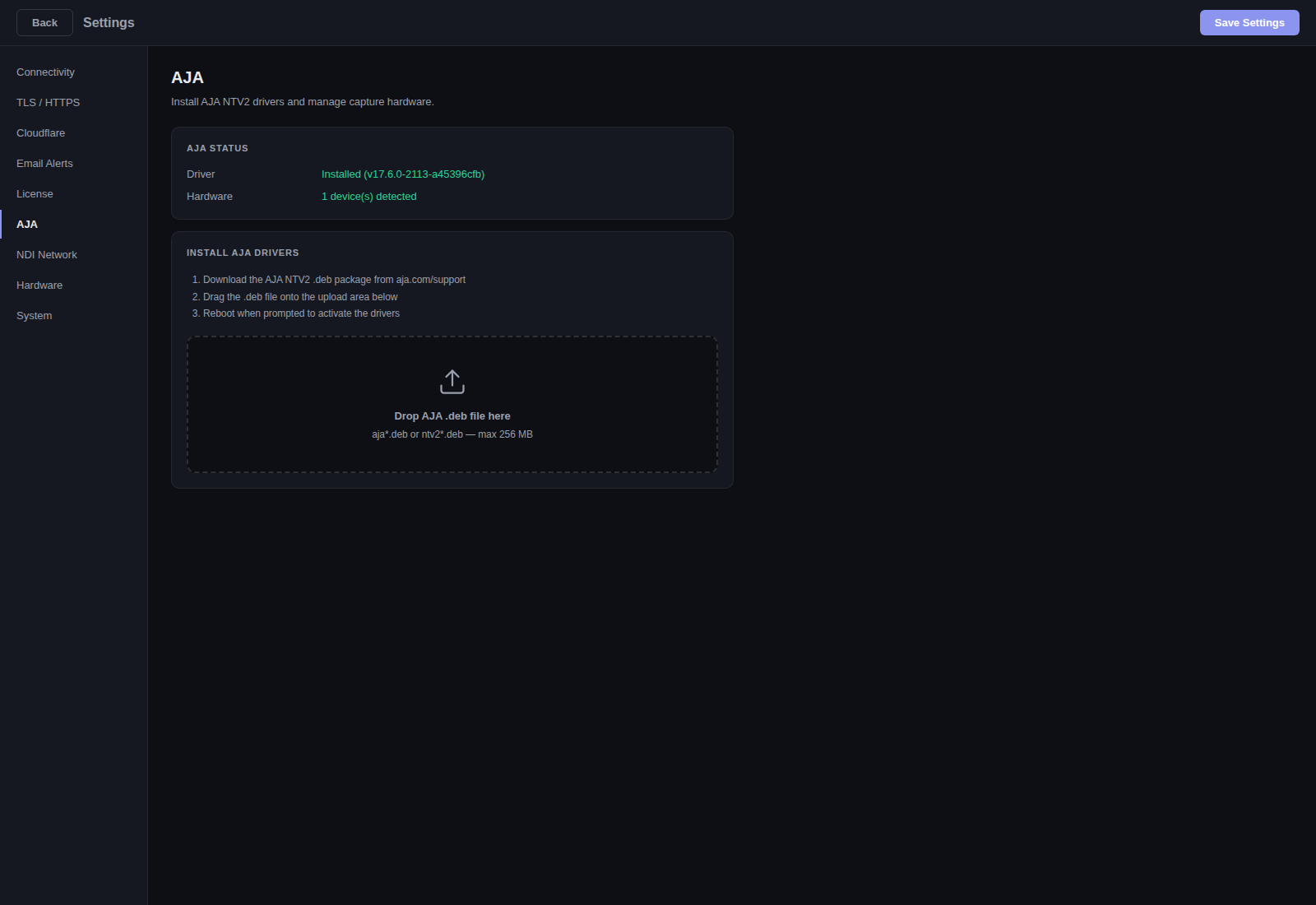 Settings AJA tab — AJA Status showing NTV2 driver v17.6.0 installed and 1 device detected (Corvid 88), plus drag-and-drop .deb installer for the AJA driver package