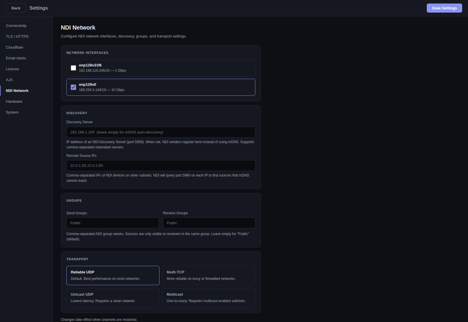 Settings NDI Network tab — Network Interfaces picker with 1Gbps management and 10Gbps NDI link-local, Discovery Server and Remote Source IPs, NDI Groups (Send/Receive), and Transport mode (Reliable UDP, Multi-TCP, Unicast UDP, Multicast)