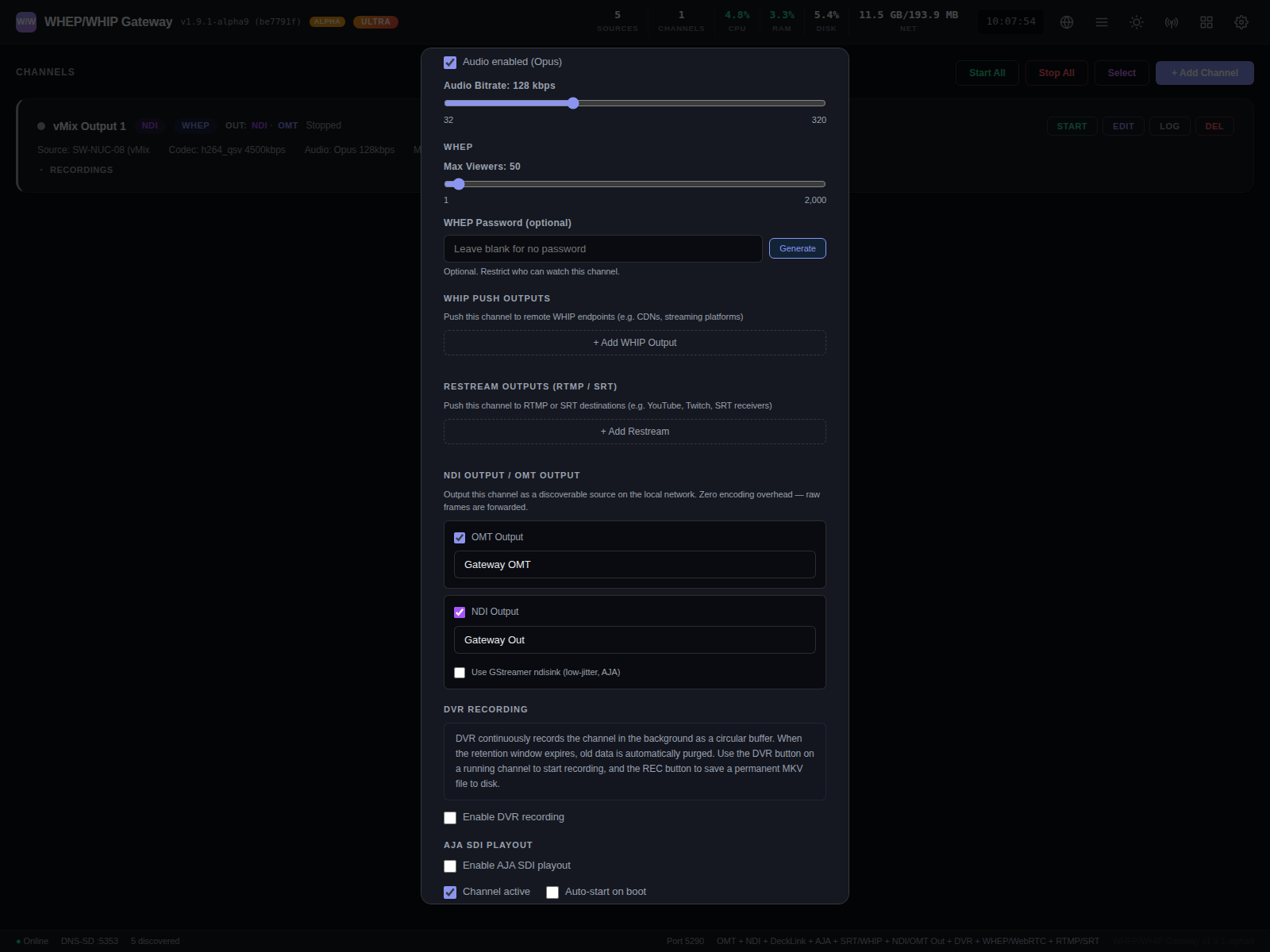 Lower half of the Edit Channel dialog showing WHIP push outputs, RTMP/SRT restream outputs, NDI Output enabled named Gateway Out with GStreamer ndisink option, OMT Output enabled named Gateway OMT, DVR recording toggle, and AJA SDI playout option