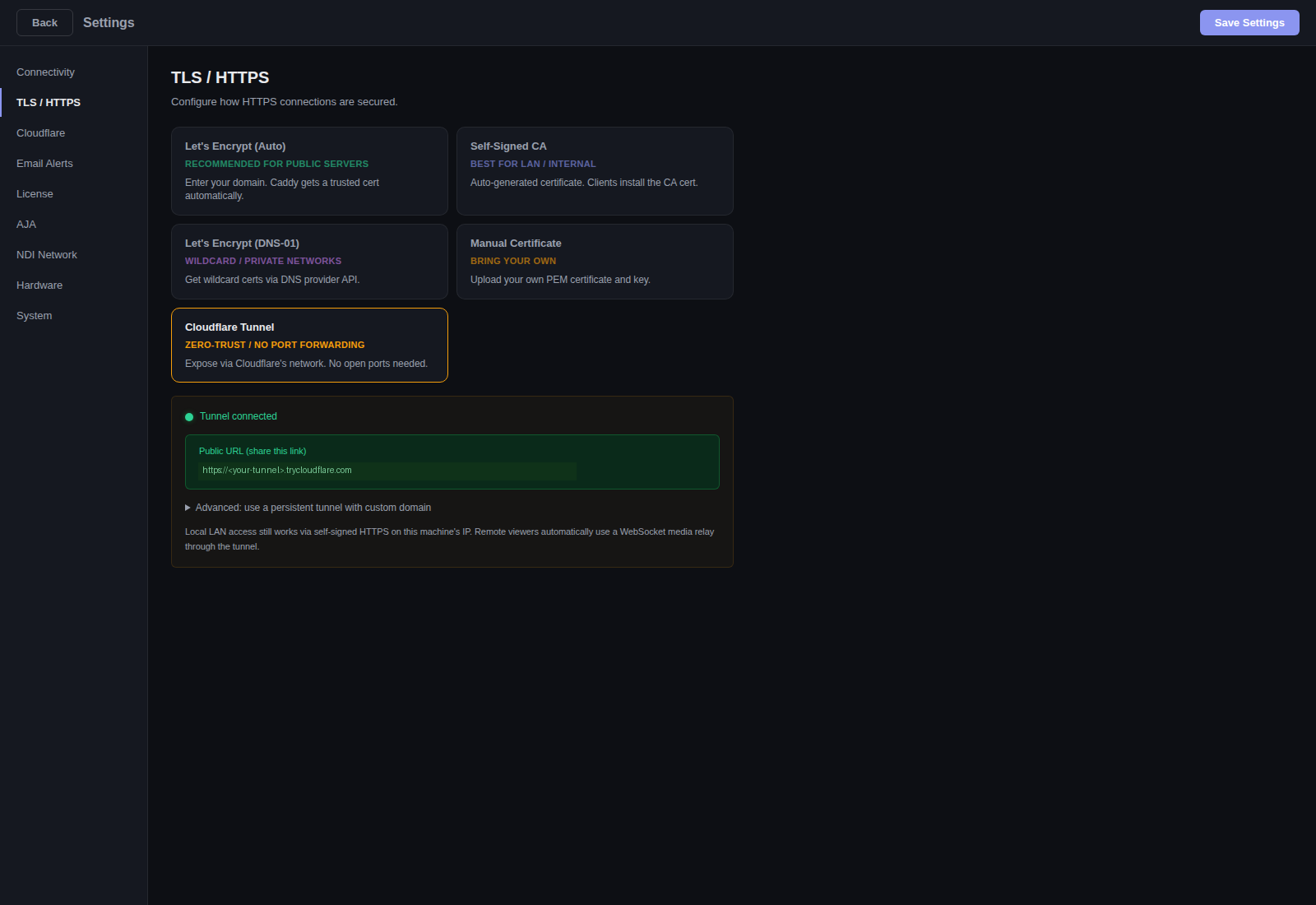 Settings TLS / HTTPS tab — five mode cards (Let's Encrypt Auto, Self-Signed CA, Let's Encrypt DNS-01, Manual Certificate, Cloudflare Tunnel) with Cloudflare Tunnel selected, Tunnel connected status, public URL, and Advanced expandable for persistent custom-domain tunnels