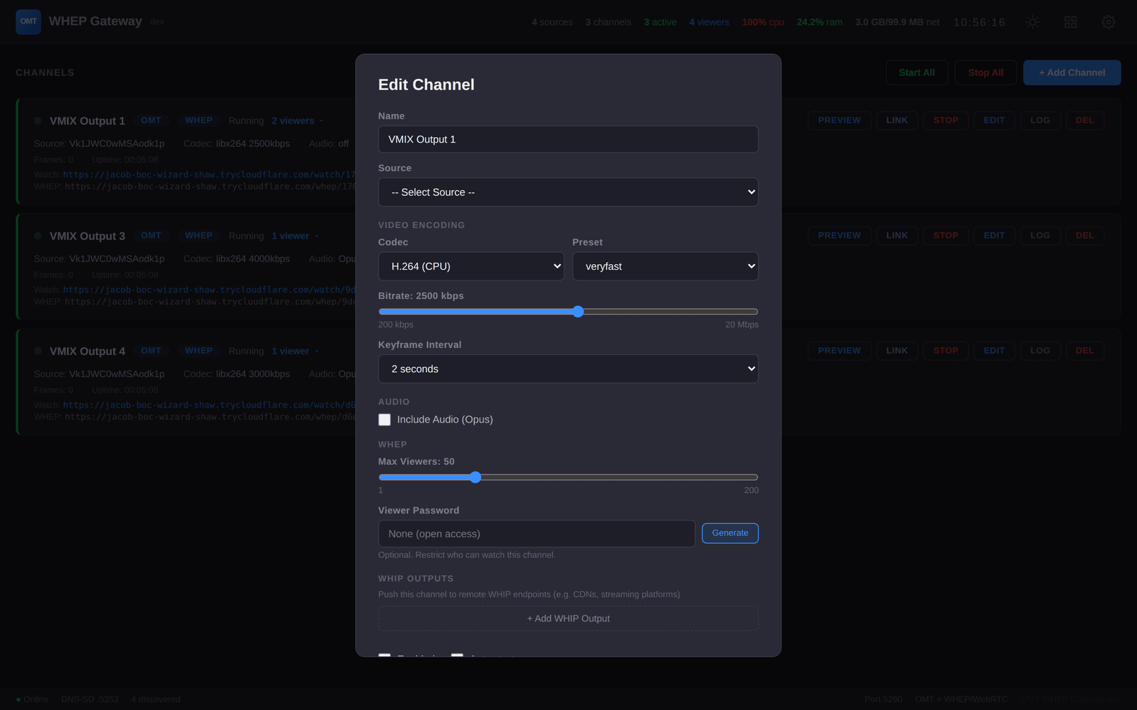 Edit Channel dialog showing WHIP output configuration for re-streaming to CDNs