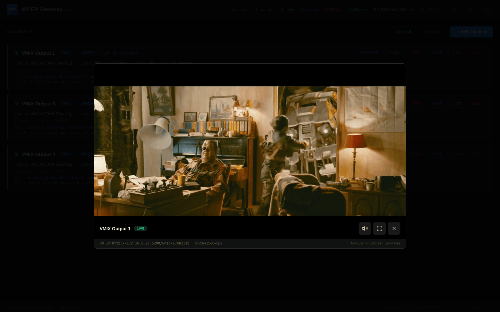 Live channel preview with test pattern stream