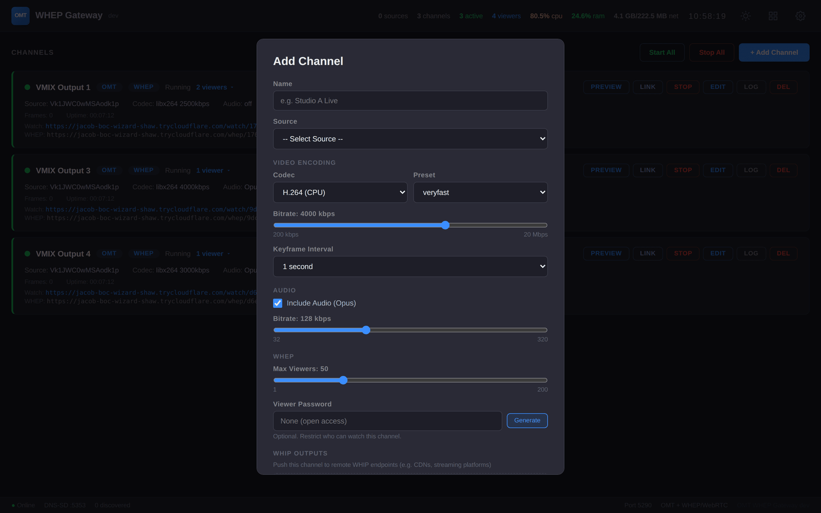 Add Channel dialog with codec, bitrate, and audio settings