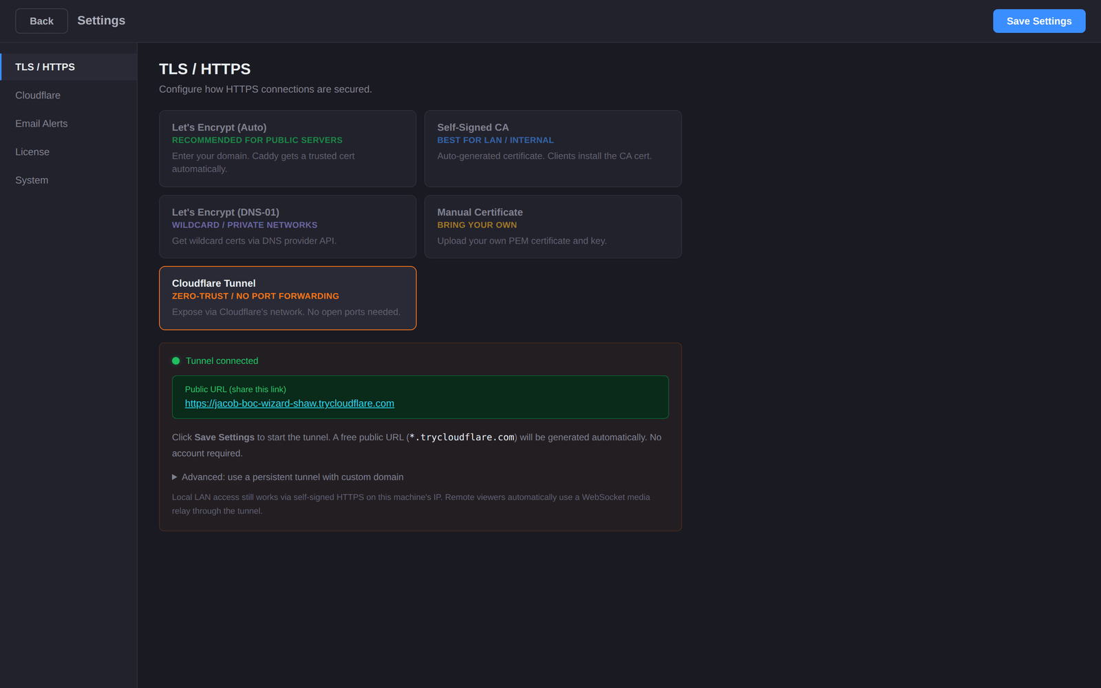 TLS/HTTPS settings with Cloudflare Tunnel connected